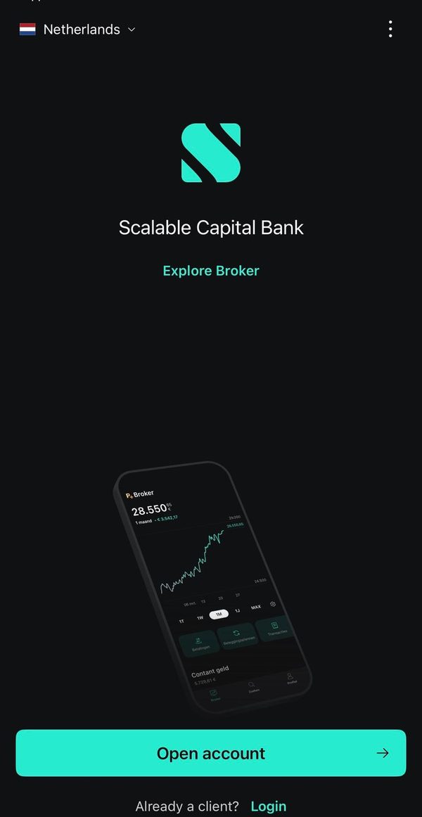 Scalable Capital app welkomstscherm met landselectie Nederland en Open account-knop